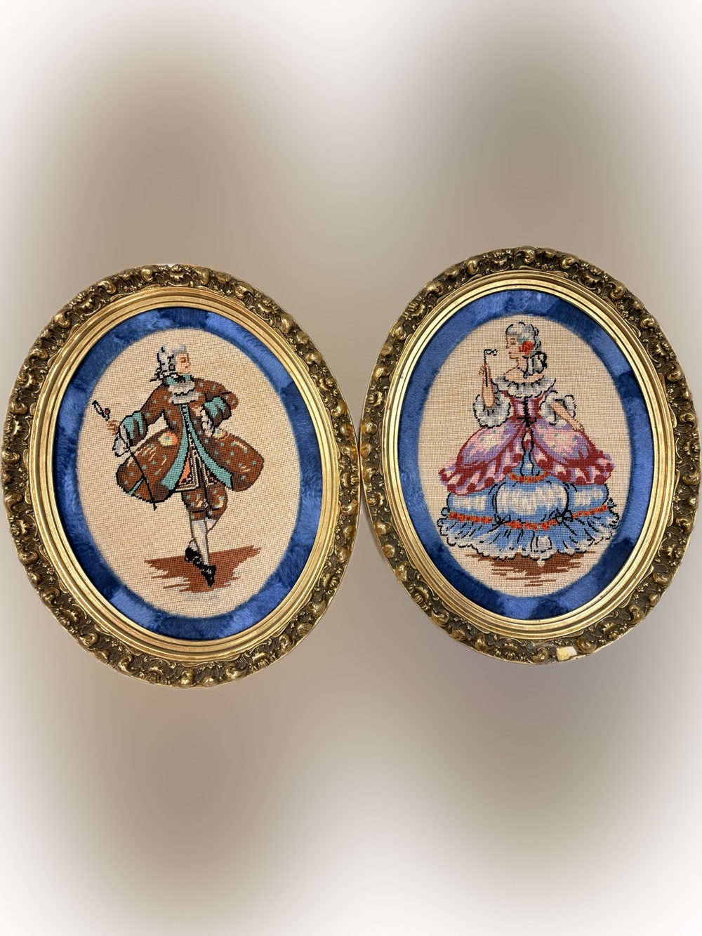 Vintage Rococo Needlepoint Portraits Ornate frames - set of 2